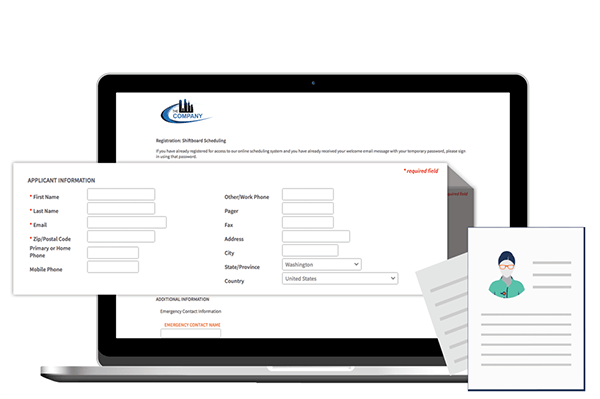 Laptop with a callout of Shiftboard's applicant tracking system displaying a form Laptop with a callout of Shiftboard's applicant tracking system displaying a form