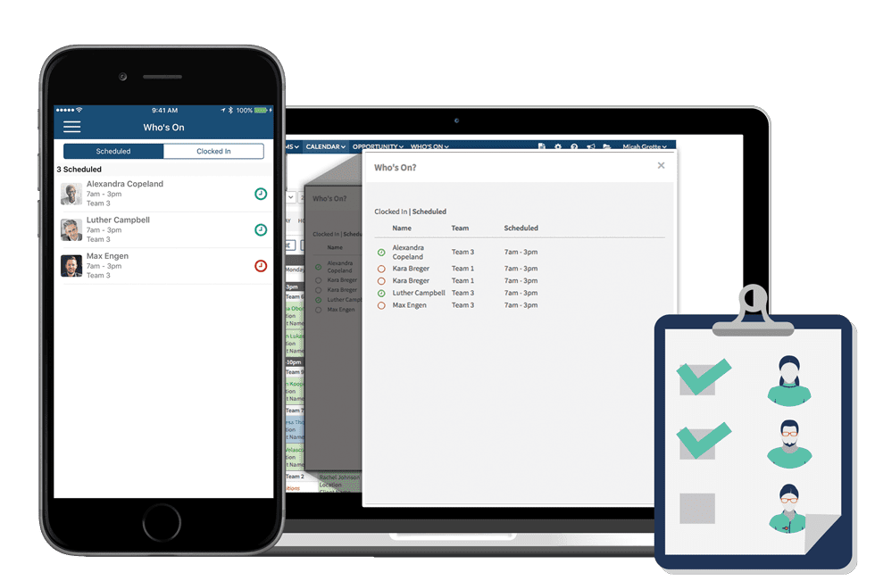 Know Who’s Clocked in Shiftboard on multiple devices, showing who is currently clocked in