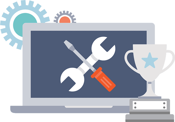 Customizable Software Customizable software represented by a laptop with gears and tools
