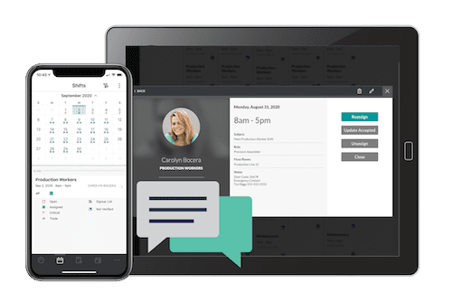 Improve communication Messaging bubbles with tablet and laptop show mobility of employee scheduling app