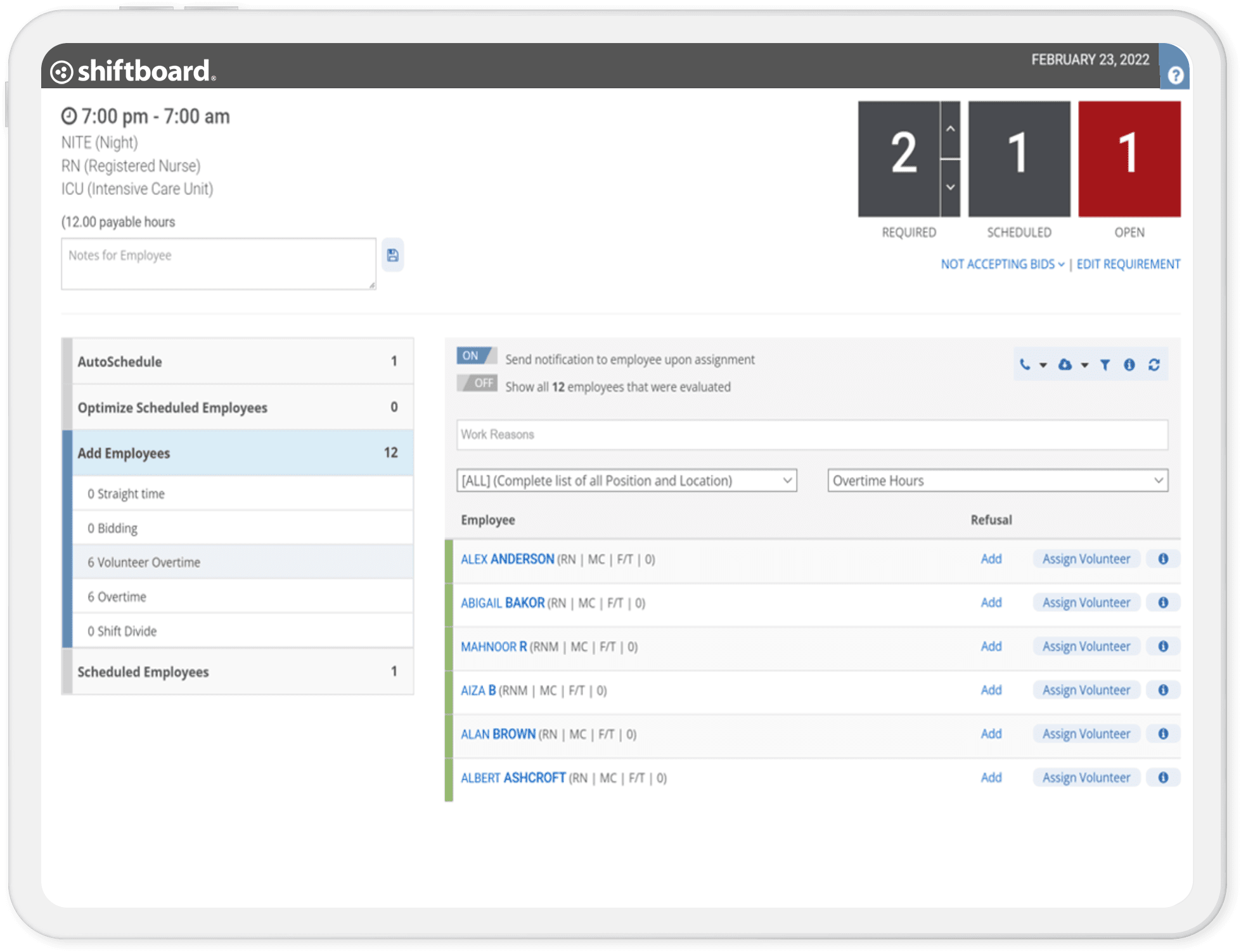 Shiftboard solution overview screen